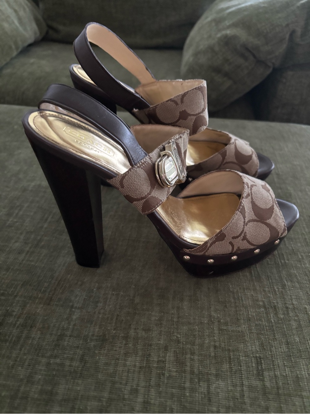 Coach Brown Signature Canvas Platform Slingback Sandals with Gold Accent